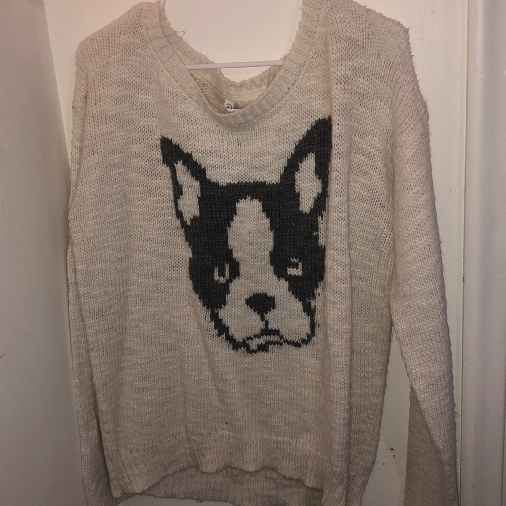 Off white wool sweater with french bulldog